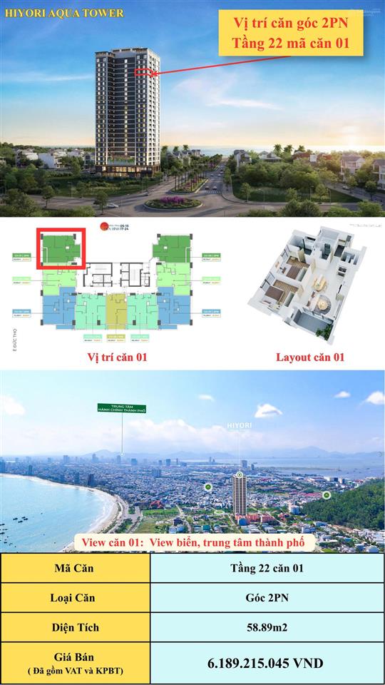 Căn góc 2pn giá 6,189 tỷ view biển và thành phố  hiyori aqua tower