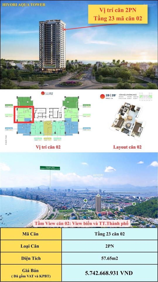 Căn hộ view biển 2pn giá 5.742 tỷ sở hữu lâu dài  hiyori aqua tower