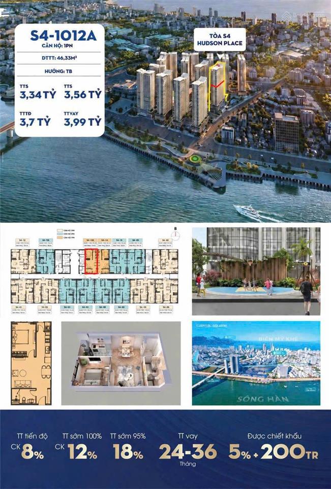 Căn 1pn diện tích 46m2 giá 3.345 tỷ  trung tâm ngay cầu sông hàn  capital square