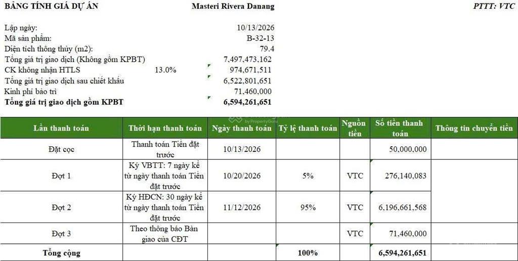 Masteri rivera đà nẵng  căn 3pn/79.4m2 giá 6.594 tỷ  sắp bàn giao  hàng ngoại giao