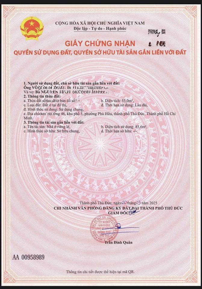  nhà 3 tầng , 55m ( 4x13.7) , đường 46 , phú hữu , tp thủ đức.(5ty390)