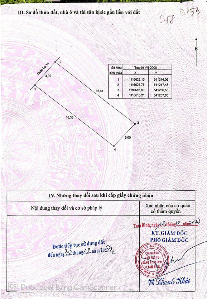 CHÍNH CHỦ CẦN BÁN LÔ ĐẤT 80,3m2 MẶT TIỀN QUỐC LỘ 1A