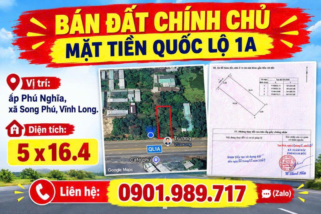 CHÍNH CHỦ CẦN BÁN LÔ ĐẤT 80,3m2 MẶT TIỀN QUỐC LỘ 1A