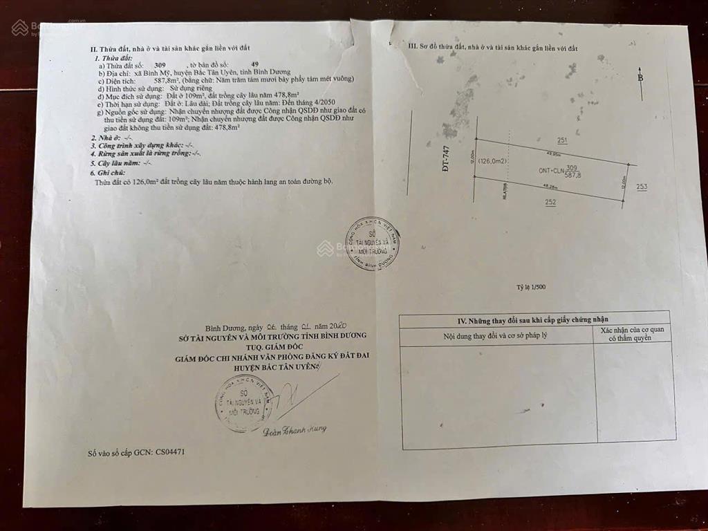 Bán đất tại đt747, bình mỹ, bắc tân uyên, 15,3 tỷ, 587.8m2, mặt tiền 12m, pháp lý đầy đủ