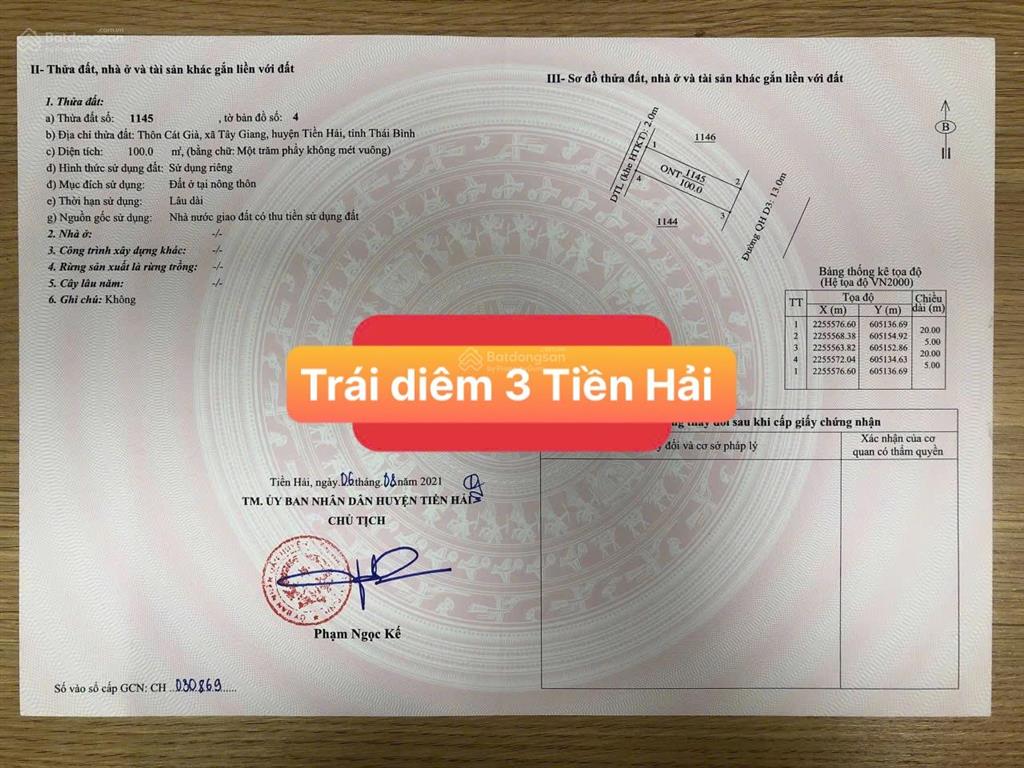 Bán đất chính chủ gửi kđt trái diêm 3 tiền hải hiếm có 1 lô đông nam