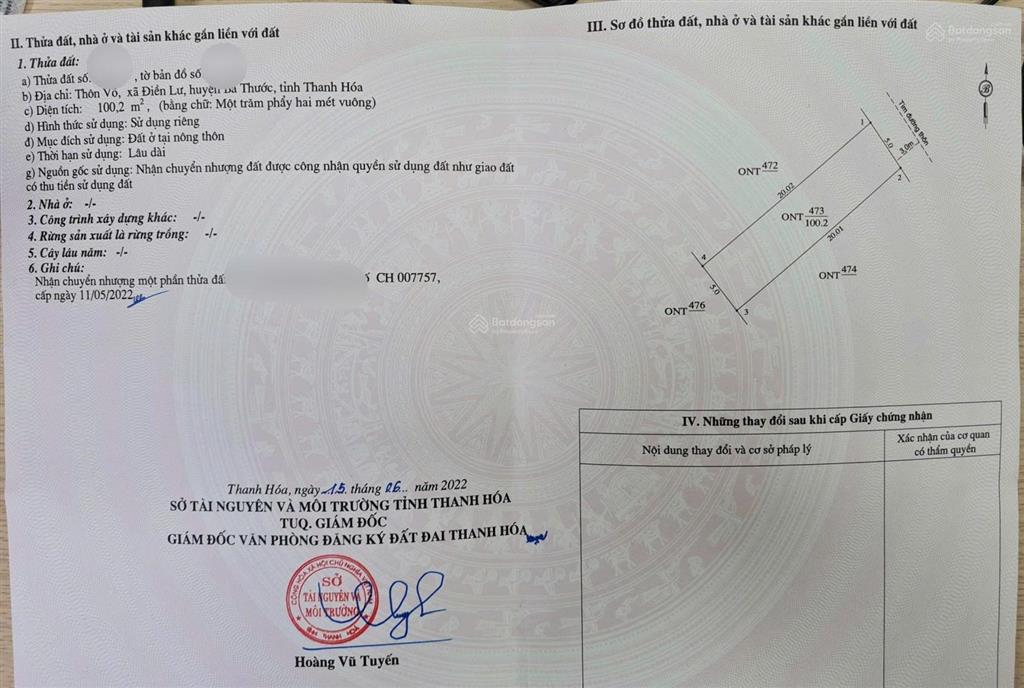 Chính chủ bán đất 100m2 (5x20m) thổ cư đường nhựa trước nhà 6m. hơn 200tr, sổ vuông. gần chợ, ubnd