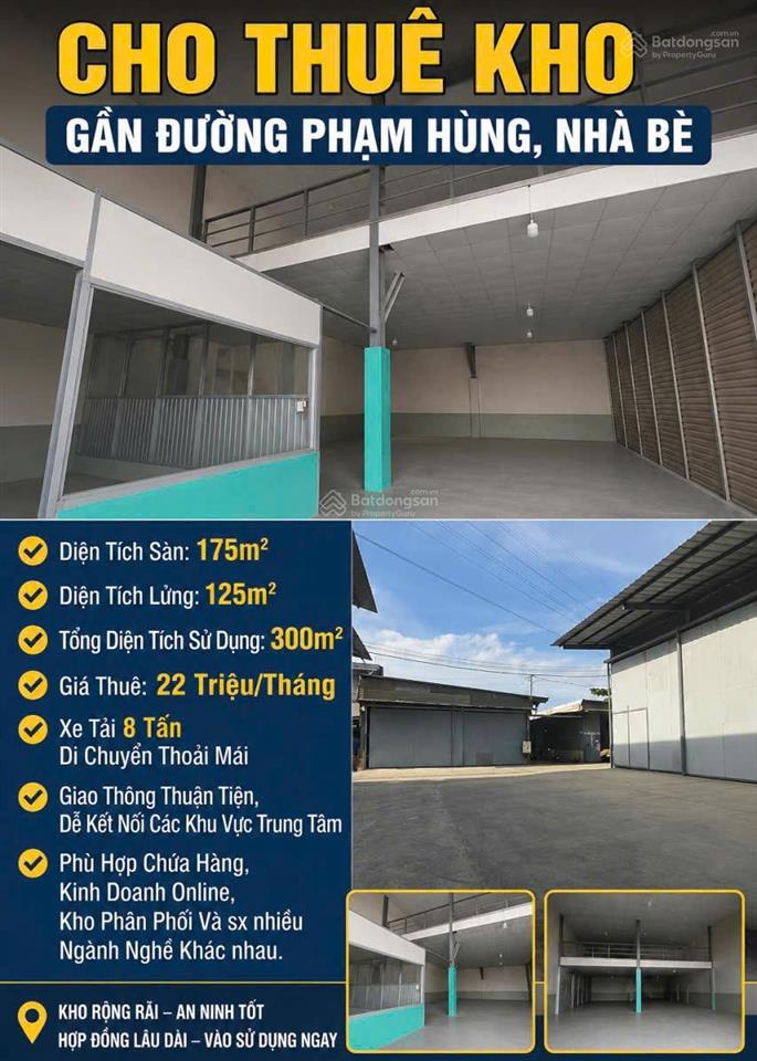 Cho thuê kho gần đường phạm hùng, nhà bè 300m² sử dụng xe tải 8 tấn