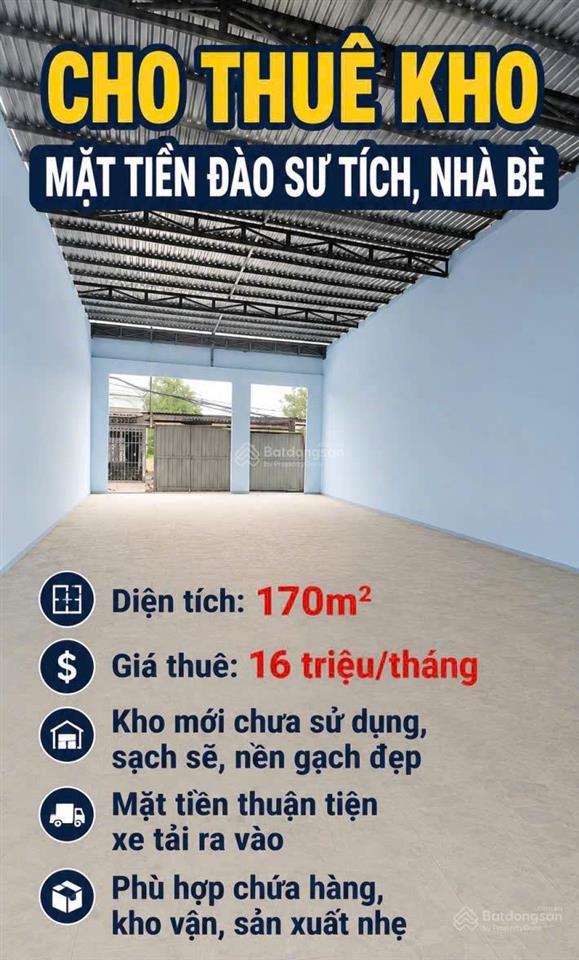 Cho thuê kho mặt tiền đào sư tích, nhà bè 170m² kho mới vào sử dụng ngay