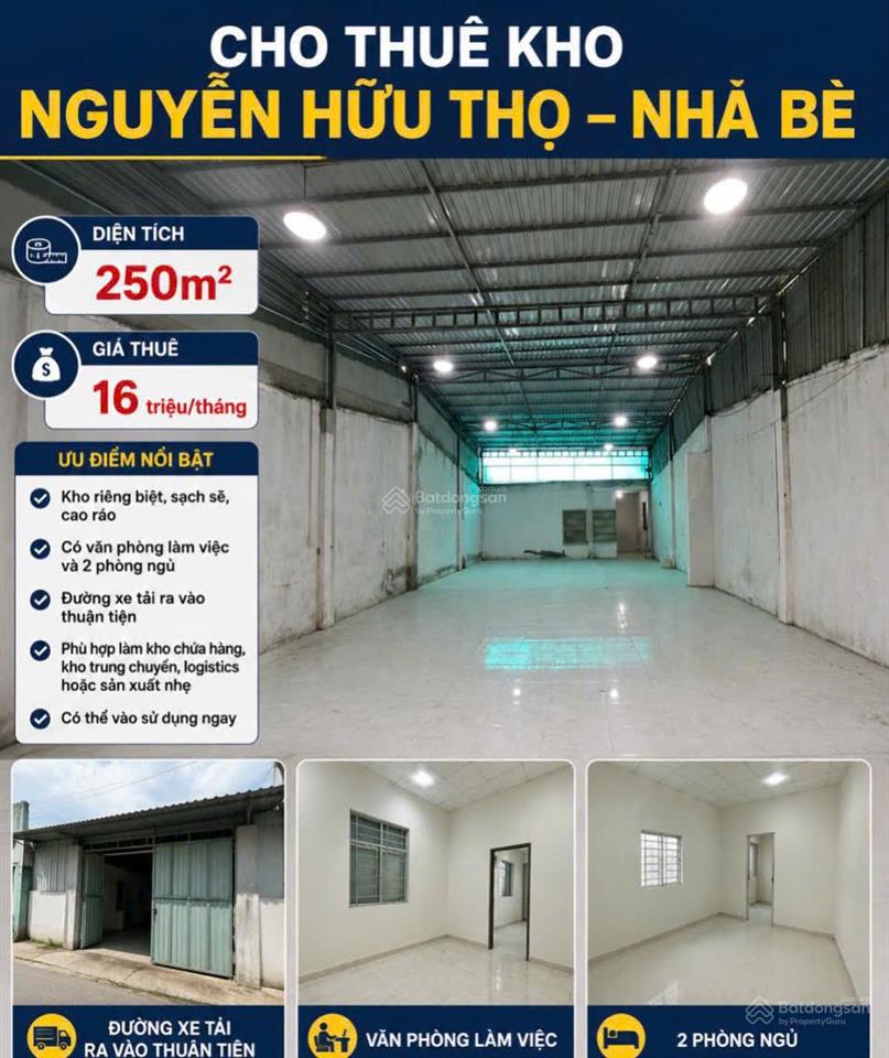 Cho thuê kho nguyễn hữu thọ, nhà bè 250m² có văn phòng và 2 phòng ngủ