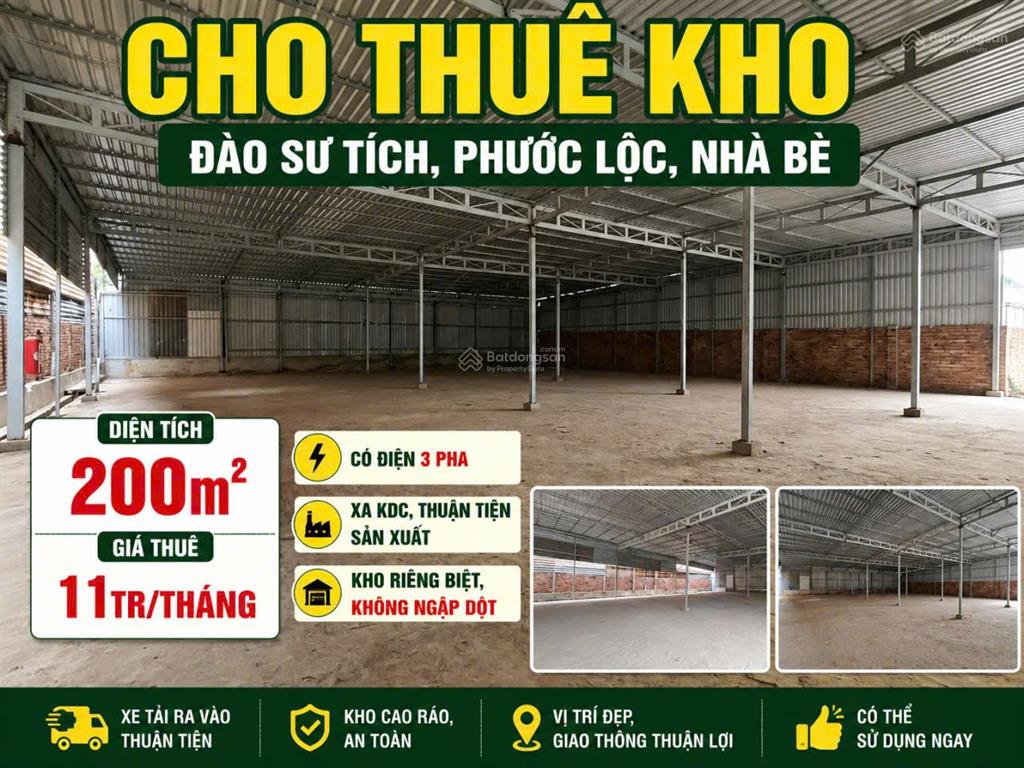 Cho thuê kho đào sư tích, nhà bè 200m² điện 3 pha giá chỉ 11 triệu/tháng