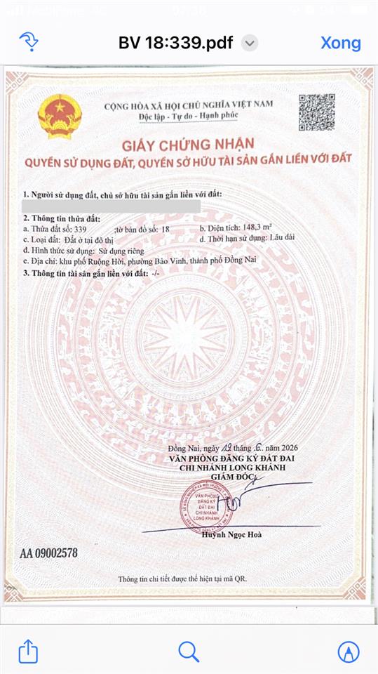 Bán đất nền trung tâm p. bảo vinh đầy đủ tiện ích, đường rộng dân cư đông, giá bán 260tr/m