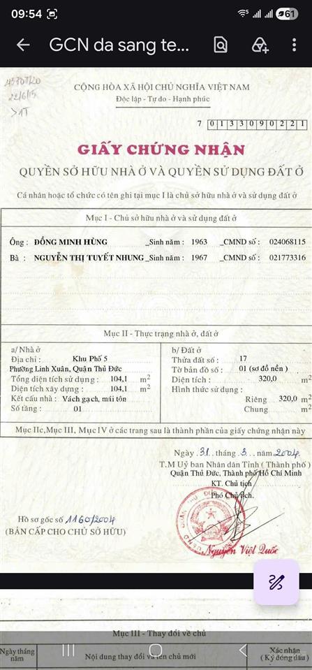 Bán nhà cấp 4 nát xem như đất dt 320m2 giá ~ 57tr/m2 mặt tiền đường số 11 linh xuân