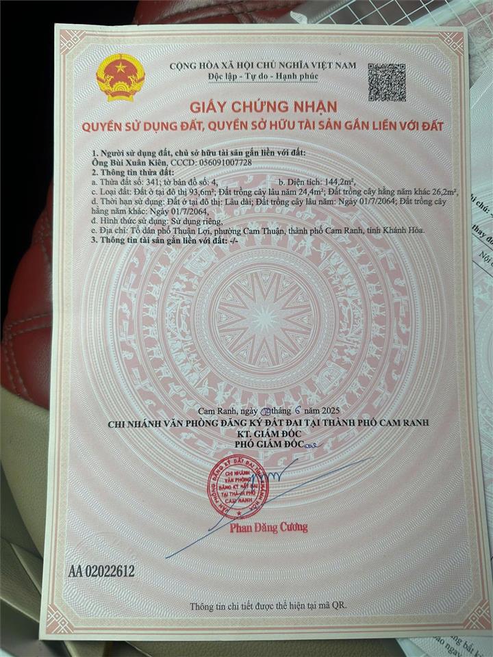 Chính chủ bán đất 93,6m² tổ dân phố thuận lợi, tp cam ranh