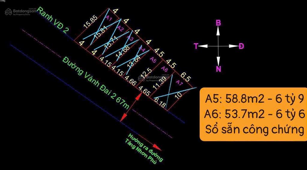 6,9 tỷ lô mặt tiền vành đai 2 siêu hot  tăng nhơn phú  quận 9 4,66 x 12,5 = 58 m2