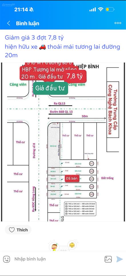 8,7 tỷ giảm 7,3 tỷ mặt tiền đường số 8 hiệp bình phước 156,1m2 đường 20 m, nổi bật tư hiếm