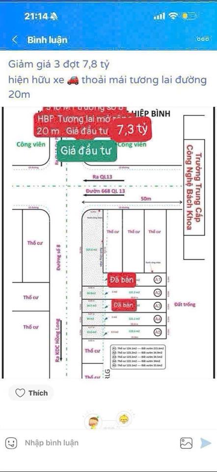 8,7 tỷ giảm 7,3 tỷ giá đầu tư h 156 ,1 m2. 46 tr/1m2 mặt tiền đường số 8 hiệp bình 4.15 x 37.6