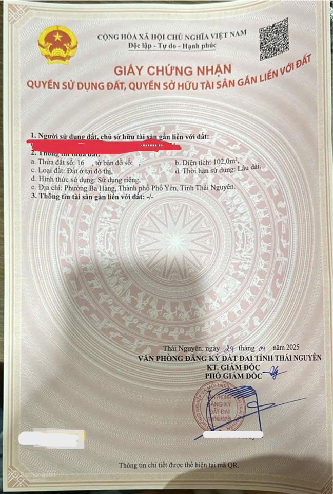 Chính chủ cần bán gấp đất tại khu đô thị đại phong, chợ ba hàng, trung tâm phổ yên, 102m2