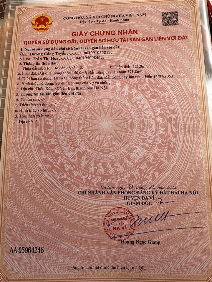 Chính chủ bán đất xã yên bài, ba vì, hà nội, giá 5,22 tỷ, diện tích 522m2