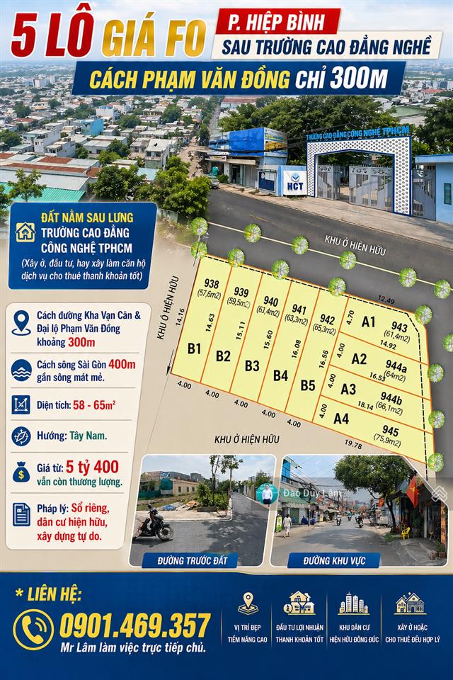 Đất thổ cư hẻm ô tô ngay trường cđ công nghệ  300m ra phạm văn đồng, cách bờ sông 400m. giá f0