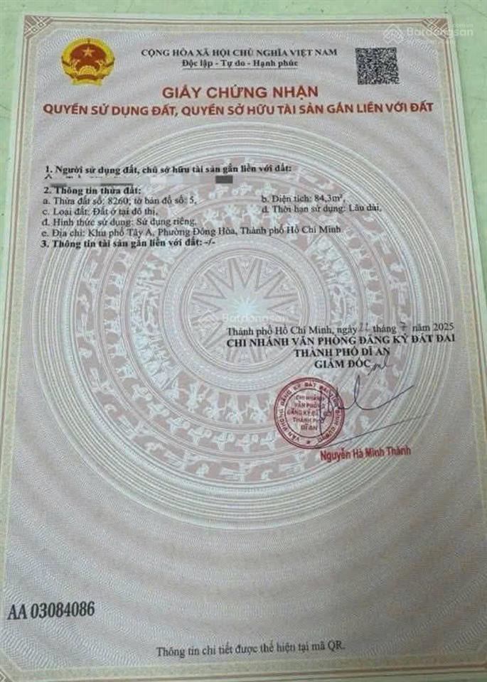 Lô đất đẹp khu dân cư gần siêu thị go dĩ an, phường đông hòa, tp.hcm  diện tích 84m, thổ cư hết