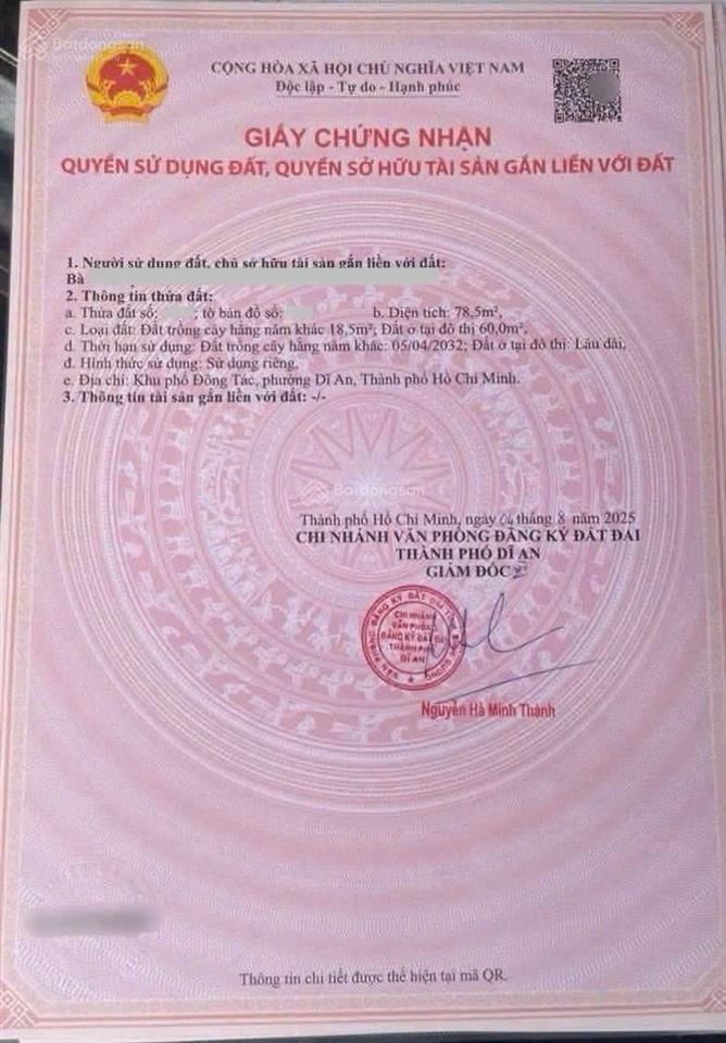 Chỉ 2,450 tỷ  đất gần chợ dĩ an, phường dĩ an, dĩ an  diện tích 78,5m2 (ngang 9m). thổ cư 60m2.