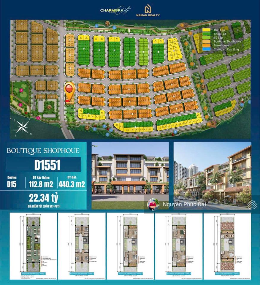 Shophouse 5 tầng mặt tiền trục d15 (rộng 27m) tại dự án charmora city  sun group nha trang