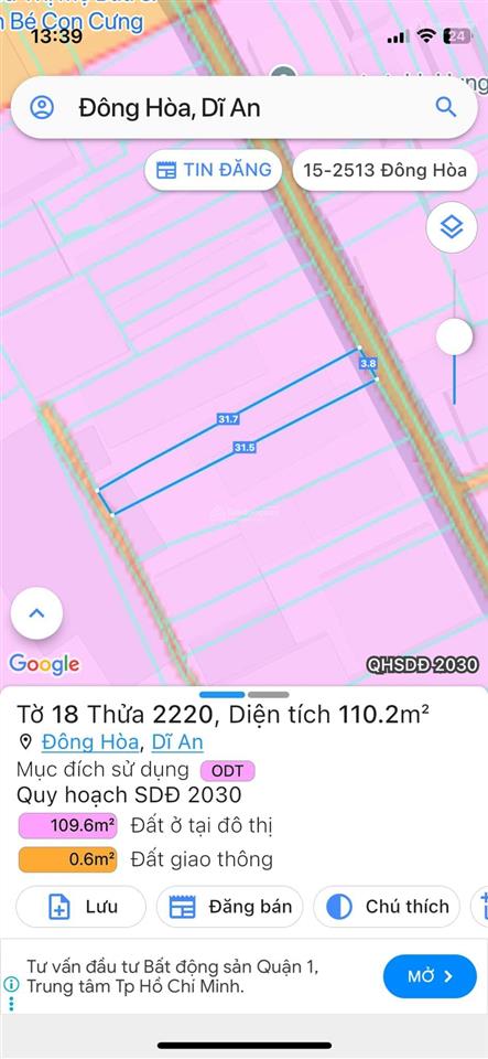 Bán đất 110m2 thổ cư cách siêu thị go dĩ an 200 mét. cách quốc lộ 1k 100 mét. sát bên làng đhqg