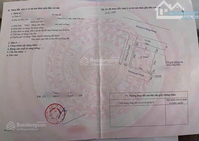 Hàng siêu hiếm 720m đất mặt đường lê hồng phong lô góc xây 15  25 tầng