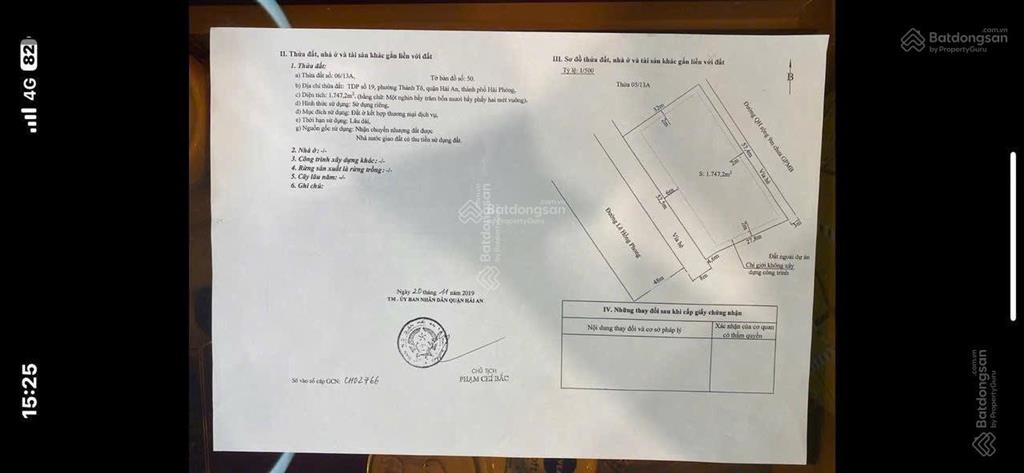 Bán 1747m2 mặt đường lê hồng phong, quận hải an gần sân bay giá 180 triệu/m2