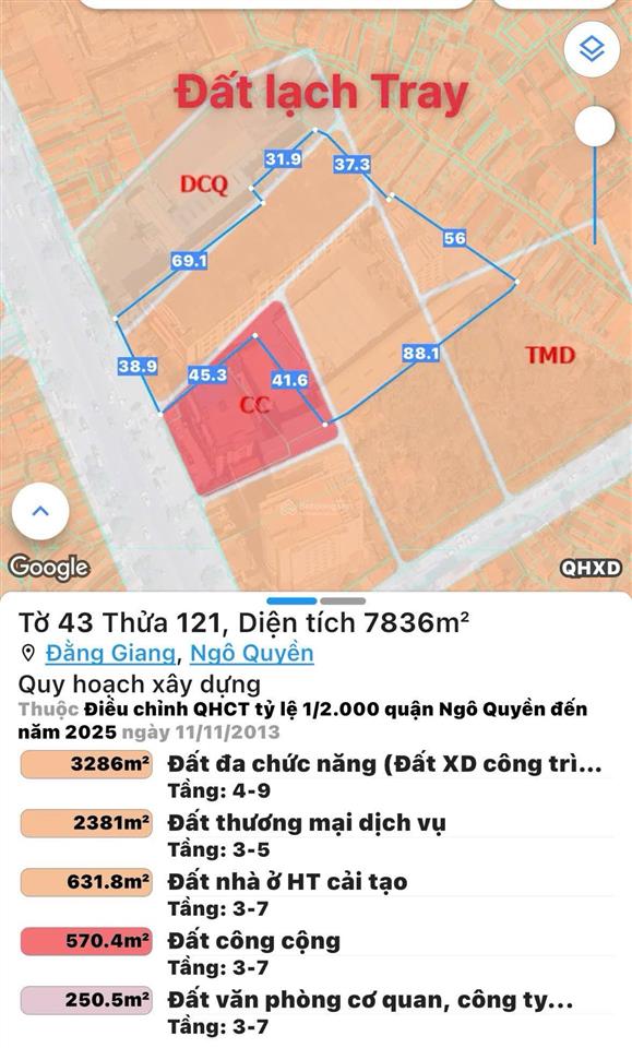 Bán 7836m2 đất tmdv mặt đường lạch tray cấp phép xây 2 toà 30 tầng