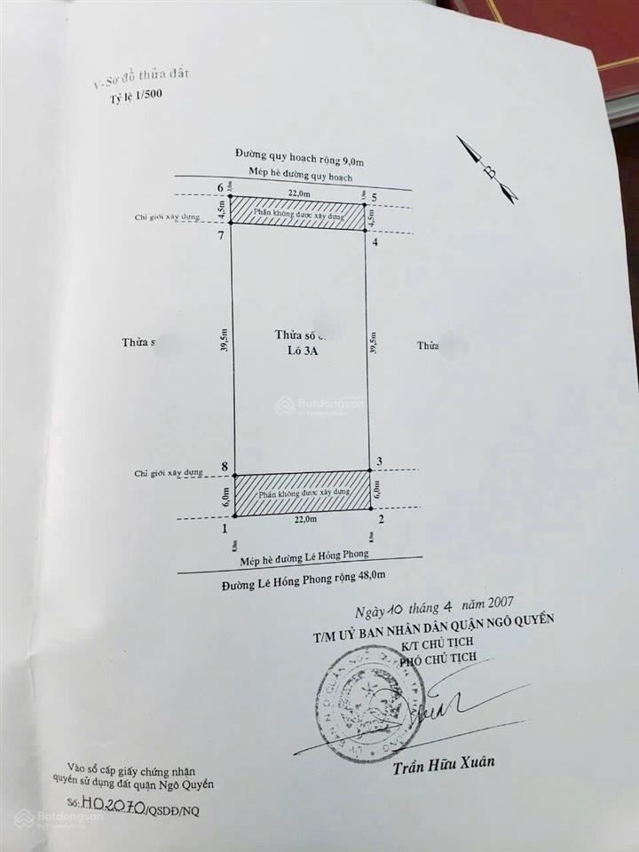 Bán đất mặt đường lê hồng phong quận ngô quyền hải phòng 1100m
