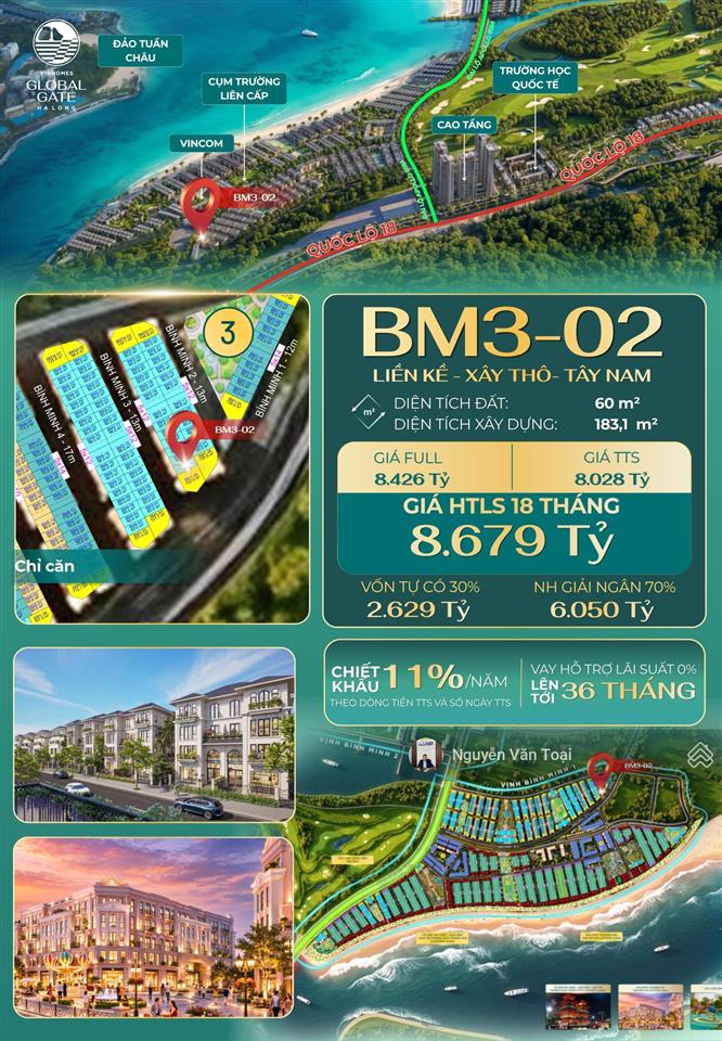 Liền kề áp góc 60m2 xây thô 4 tầng tại vinhomes global gate hạ long xanh, giá full 8ty426