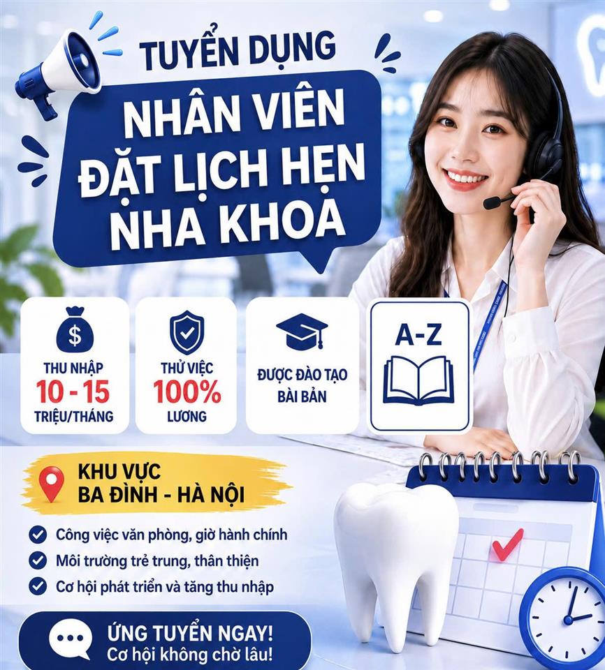 TUYỂN TELEMARKETING NHA KHOA – BA ĐÌNH + phụ cấp + hoa hồng KHÔNG GIỚI HẠN