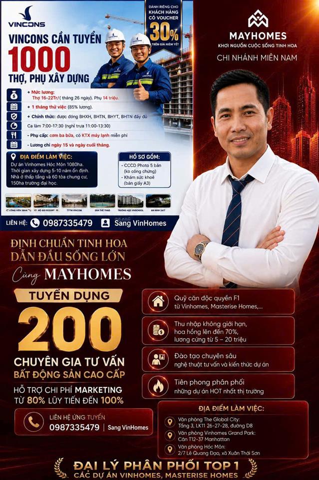 VINCONS CẦN TUYỂN 1000 THỢ, PHỤ XÂY DỰNG+ Mức lương: Thợ 16-22Tr/( tháng 26 ngày). Phụ 14