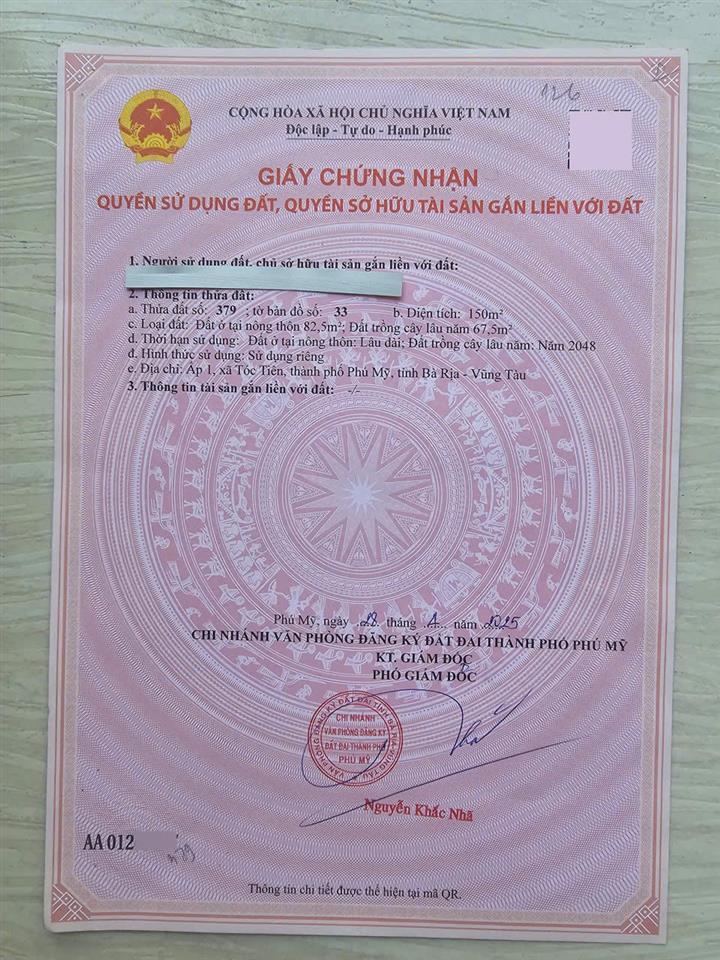 Bán đất Tóc Tiên, Châu Pha, Phú Mỹ 5x30m = 150m2 - 83m2-tc