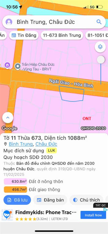 BÁN ĐẤT MẶT TIỀN MỸ XUÂN – NGÃI GIAO (BÌNH TRUNG, CHÂU ĐỨC