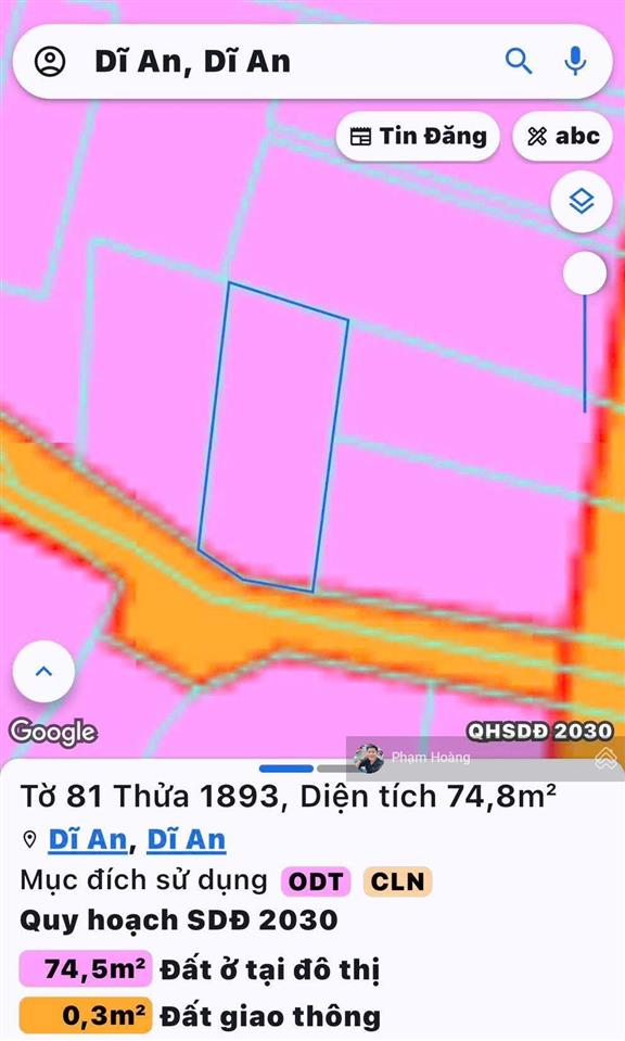 Bán lô đất ngang 6*12,5 (74,8m2) thổ cư 61m, phường dĩ an hcm cách đường đông minh 15m p đông hoà