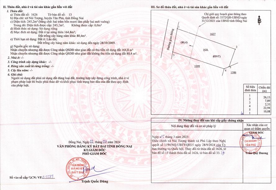 Bán đất 245m2 full thổ cư mặt tiền 10m đường núi tượng, tân phú, giá 1ty6  sẵn sổ đỏ chính chủ