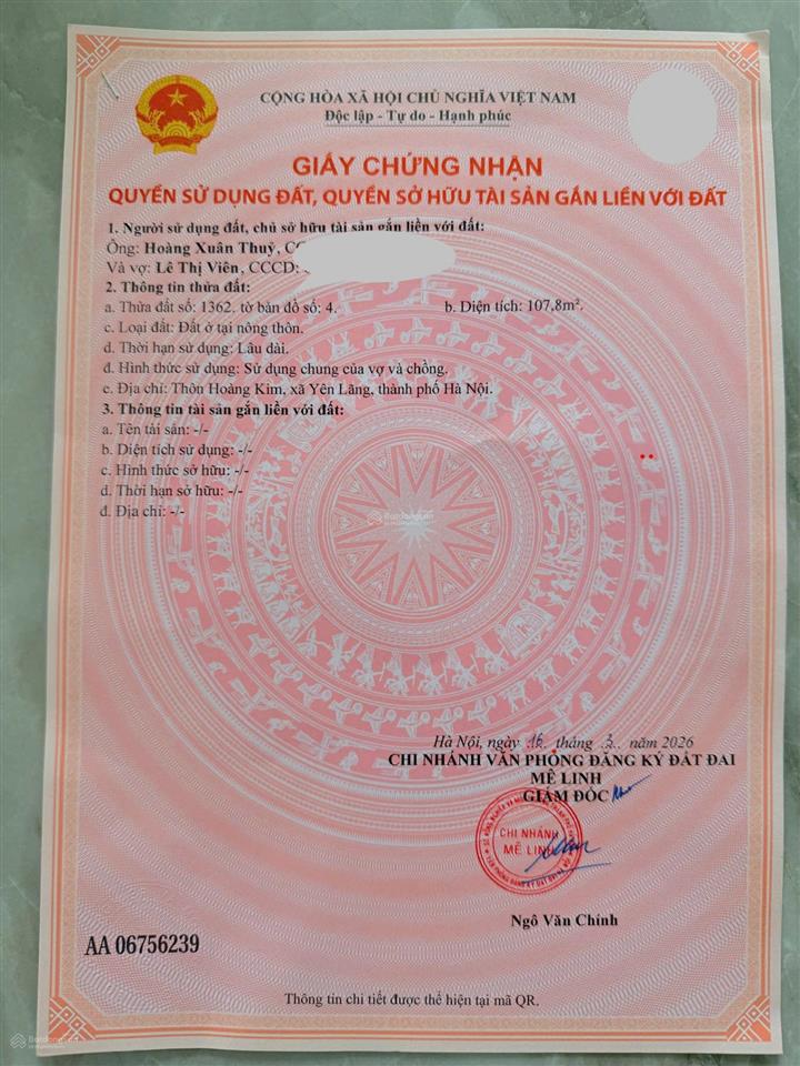 Chính chủ bán đất hoàng kim  mê linh  giá đầu tư. diện tích 107,8m2 trung tâm kdc đông đúc