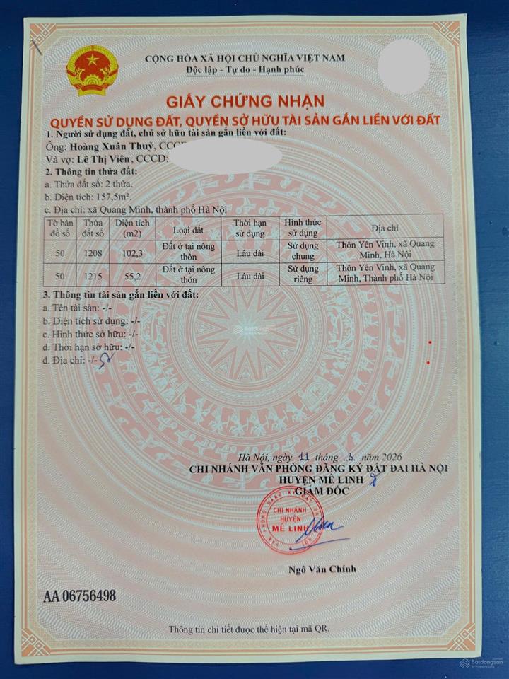 Bán lô đất trung tâm thanh lâm mê linh nay là quang minh giá 3,5 tỷ.  0961 863 ***