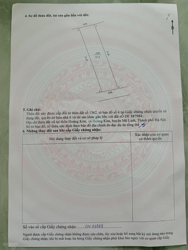 Bán đất hoàng kim  mê linh trung tâm full thổ cư, giá ưu đãi. chỉ 35tr/m2 diện tích 107.8m2