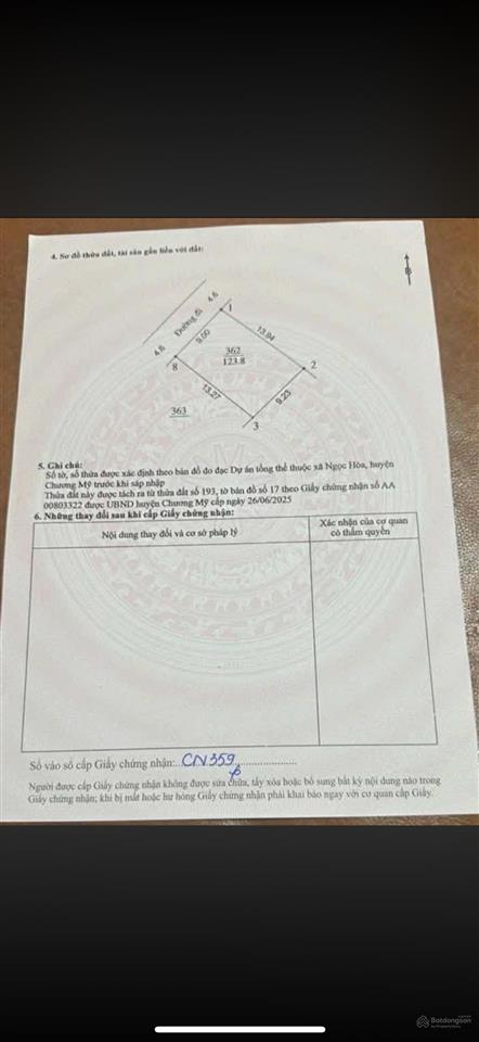 Bán đất 124m2 tại xã ngọc hoà, 6,6 tỷ vnd, mặt tiền 9m, ngõ 4,2m