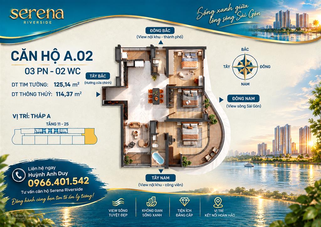 Chỉ 7 tỷ sở hữu 3pn 125m2, 3 mặt view ven sông? chỉ 15căn duy nhất tại serena riverside