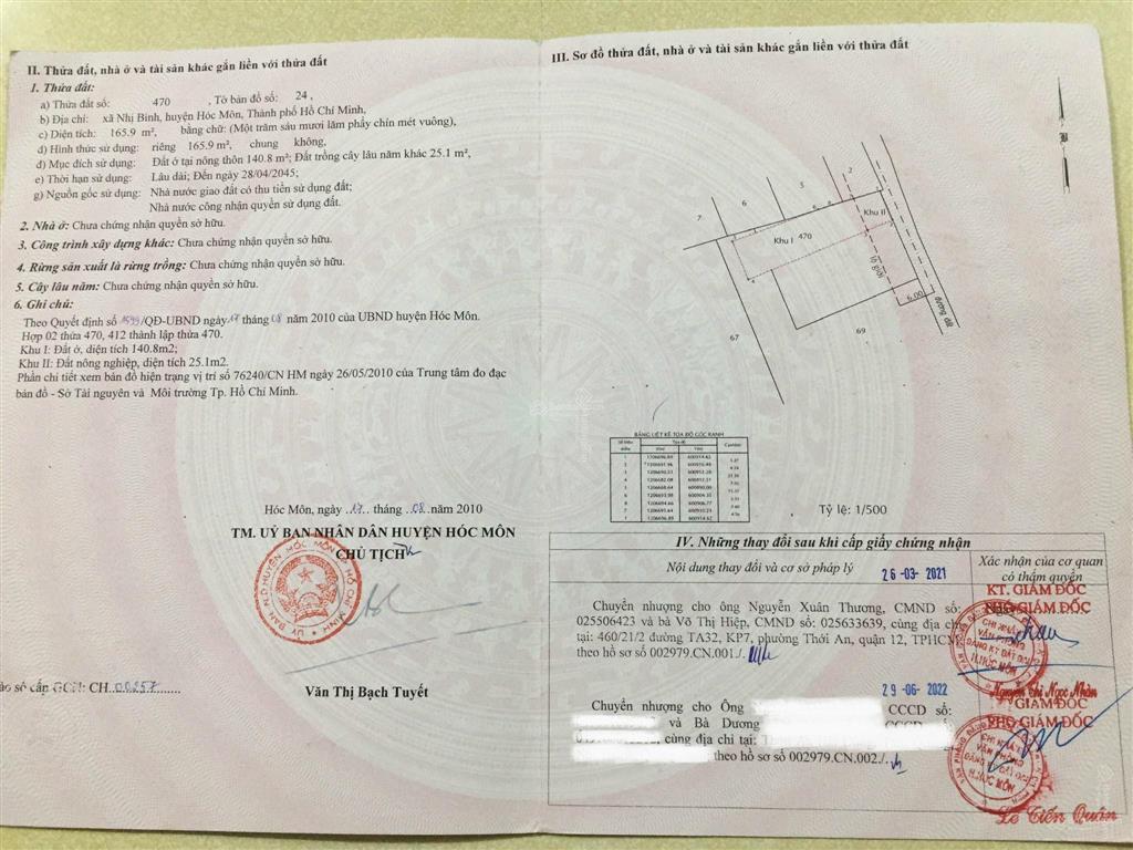 Chính chủ cần tiền bán gấp lô đất thổ cư đẹp ở nhị bình, hóc môn, 166m2, mt 6m