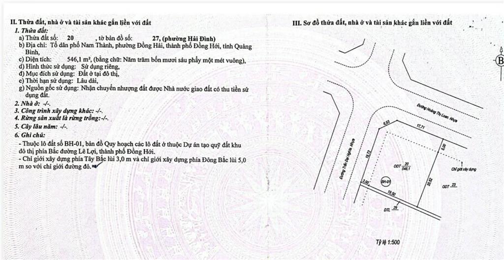 Bán đất biệt thự tại khu vực vip nhât tp đồng hới, 2 mặt tiền, diện tích 546 m2, hướng công viên