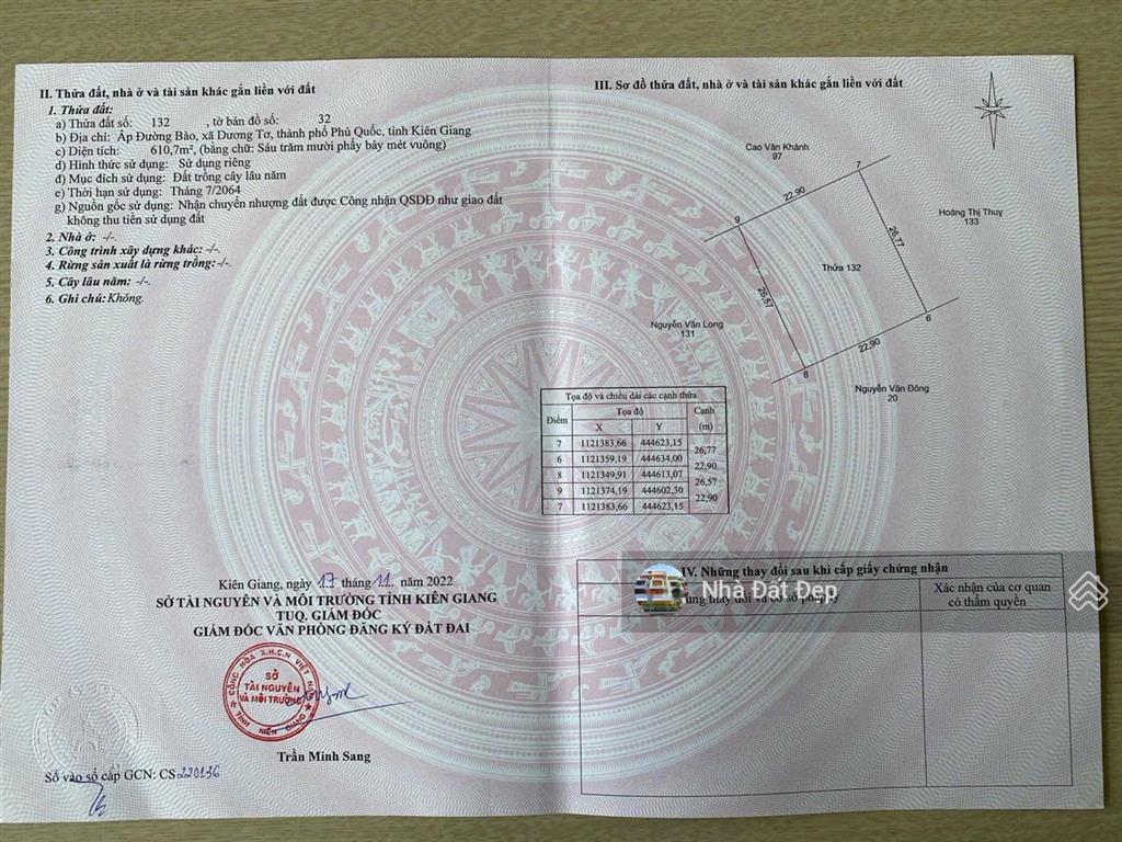 Cần bán thửa đất 500m2 sổ hồng riêng tại ấp đường bào, xã dương tơ gần biển giá đầu tư