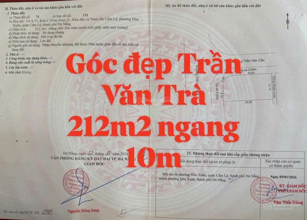 Bán siêu phẩm lô góc trần văn trà, hòa xuân, đà nẵng  212m2, ngang 10m