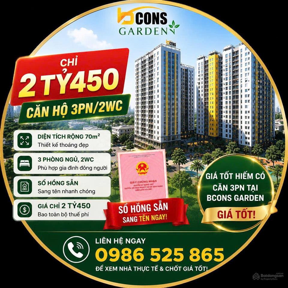 Giá sốc bcons garden 3pn/2wc  chỉ 2 tỷ450 bao toàn bộ thuế phí