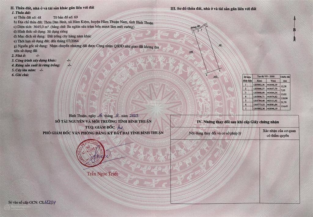 Cần bán lô đất nn, diện tích 3645m2 xã hàm kiệm, đất trong cây lâu năm có thể kết hợp dv du lịch