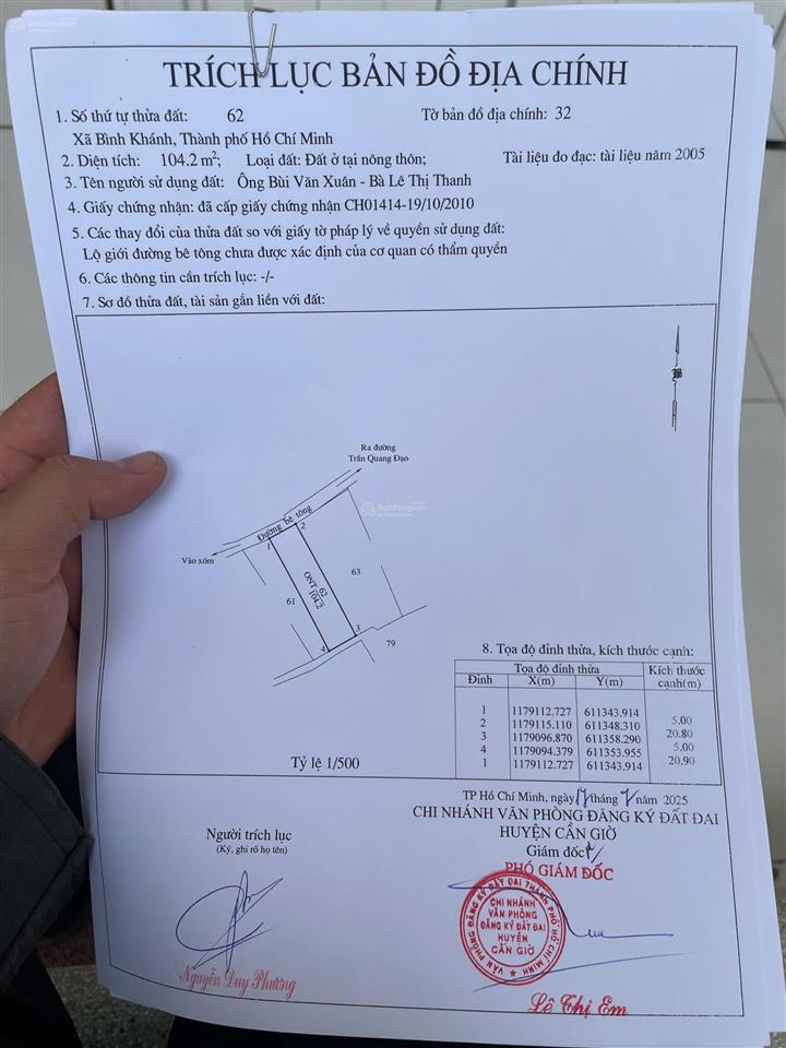 Bán gấp đất nền 104,2m2, 2 tỷ 1 (tl) tại hẻm bê tông đường trần quang đạo, cần giờ, hcm